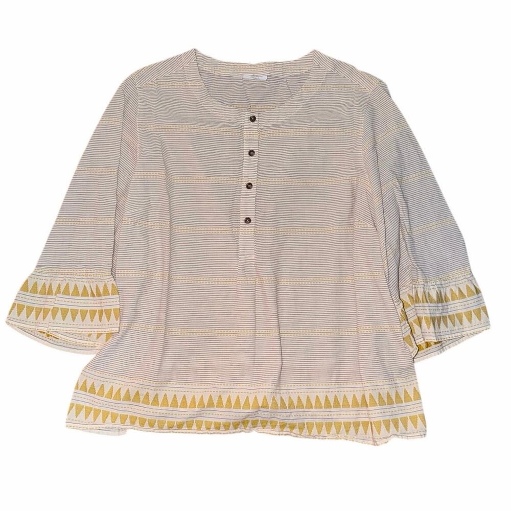 J.Jill cream blouse top yellow trim boho bell sleeve organically grown cotton XL